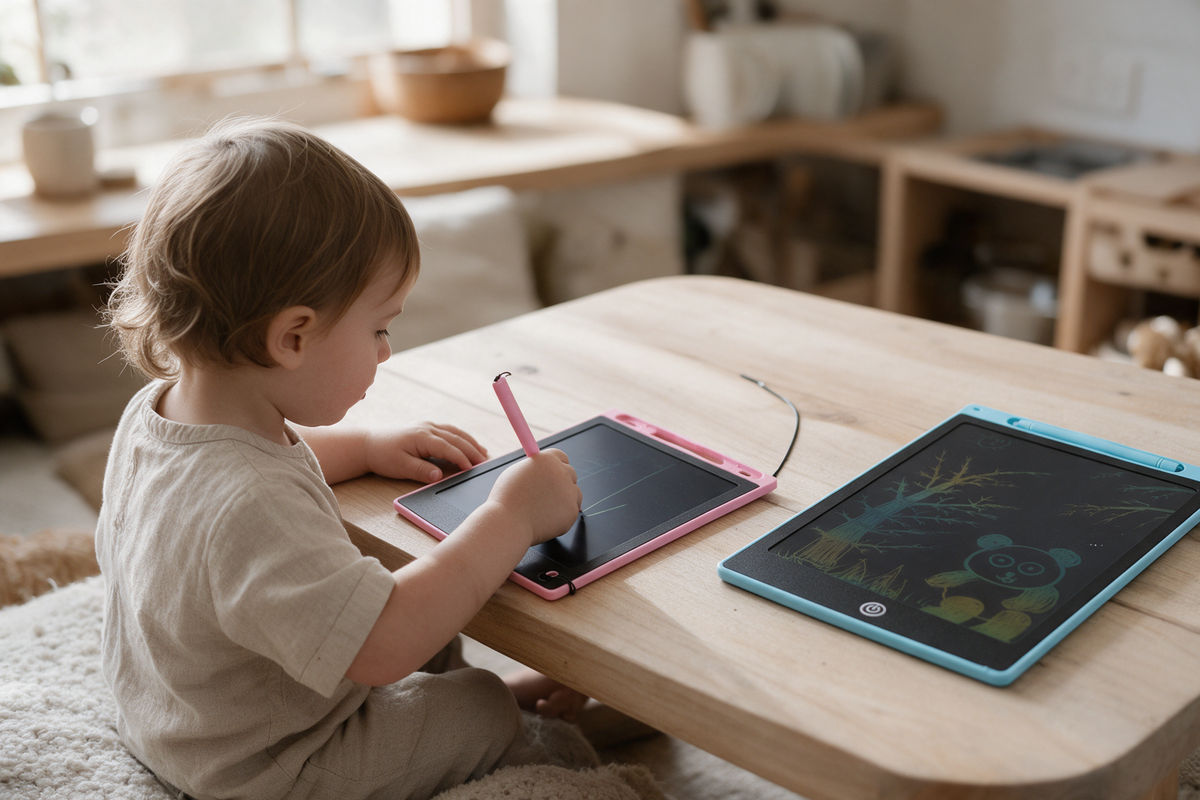 Barn övar raka linjer på en Toddlers Tablet som skrivförberedelse
